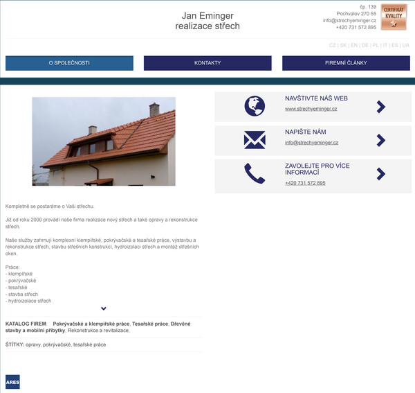Jan Eminger realizace střech, opravy, pokr&yacute;vačsk&eacute;, tesařsk&eacute; pr&aacute;ce